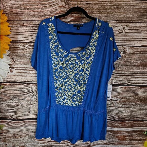Signature Studio top short Sleeve Women's large palace blue/yellow NWT - Picture 1 of 8
